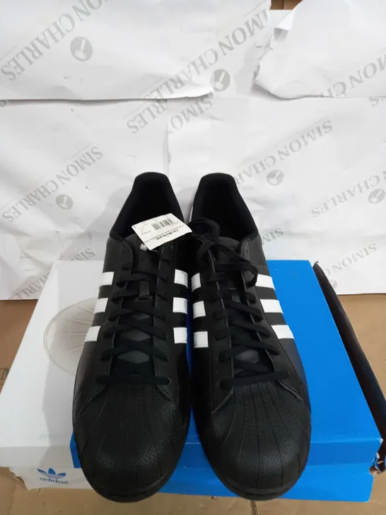 BOXED PAIR OF ADIDAS SUPERSTARS IN BLACK SIZE 19