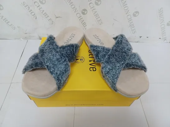 BOXED PAIR OF STRIVE SANDALS WITH GREY FAUX FUR STRAPS SIZE UK 7