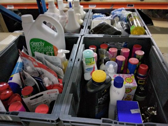 4 TOTES OF ASSORTED HOUSEHOLD ITEMS TO INCLUDE A CARAVAN TOILET FLUID AND RINSE, A MUDDY BUDDY POWDER, A YANKEE CANDLE AND A ALL PURPOSE CLEANER AND DEGREASER 