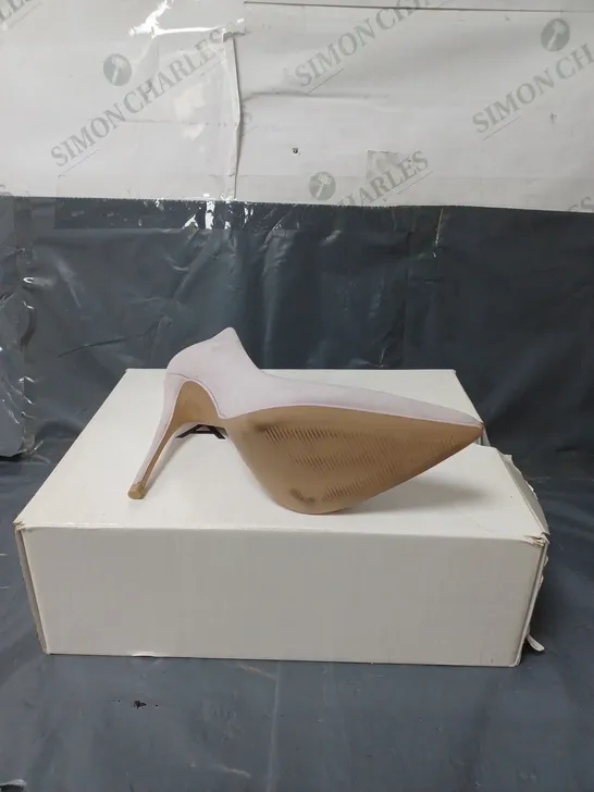 BOXED PAIR OF ALDO CASSEDY LILAC HIGH HEEL SHOES SIZE 4