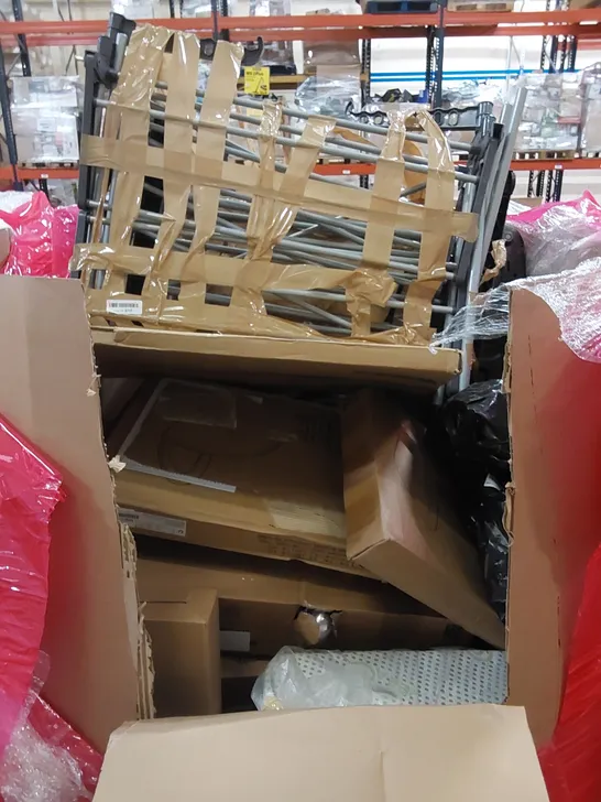 PALLET OF ASSORTED HOUSEHOLD ITEMS AND CONSUMER PRODUCTS. INCLUDES; BABY PLAYPEN, TOILET SEATS, AIR FRYER, BOXED FURNITURE ETC 