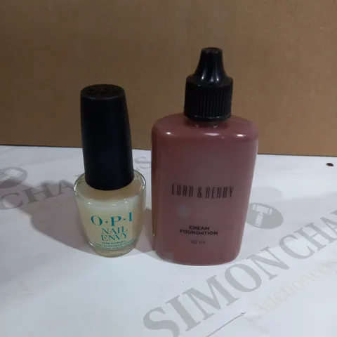 LOT OF 2 ASSORTED HOUSEHOLD ITEMS TO INCLUDE OPI NAIL ENVY, LORD & BERRY CREAM FOUNDATION