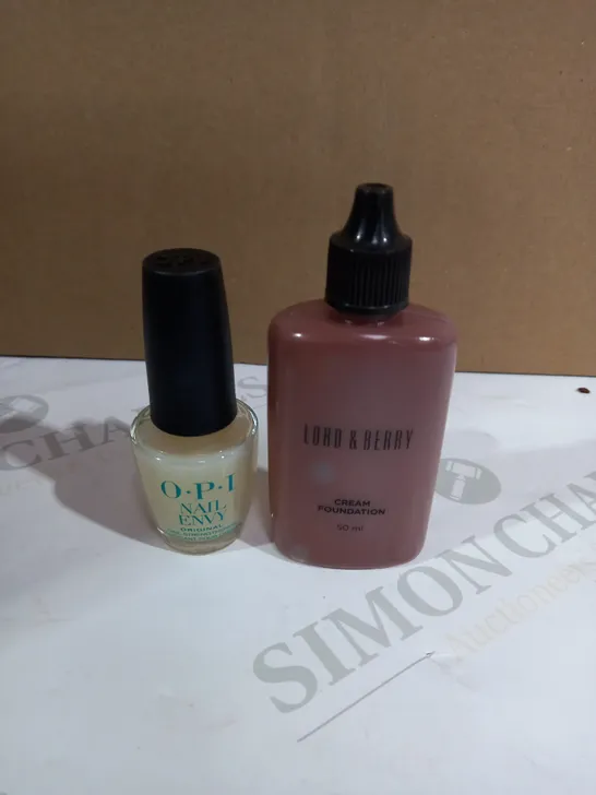 LOT OF 2 ASSORTED HOUSEHOLD ITEMS TO INCLUDE OPI NAIL ENVY, LORD & BERRY CREAM FOUNDATION