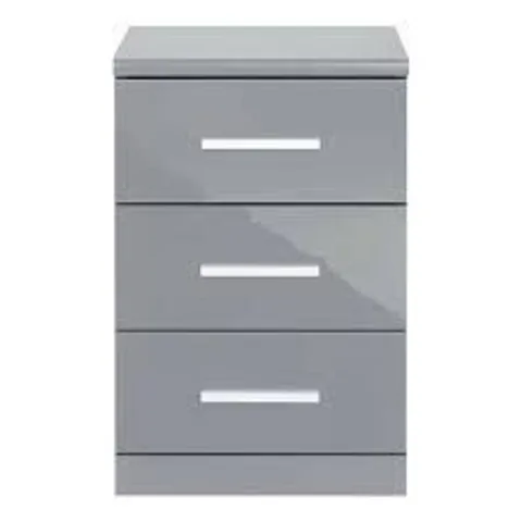 BOXED GRADE 1 PAIR OF PRAGUE GLOSS 3 DRAWER BEDSIDE CABINETS GLOSS GREY (1 BOX)