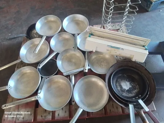 LARGE AMOUNT OF COMMERCIAL FRYING PANS AND STAINLESS STEEL PLATE RACK AND FOOD PACKAGING CUTTER