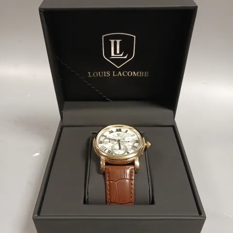 MENS LOUIS LACOMBE CHRONOGRAPH WATCH – MULTI FUNCTION DIAL WITH DATE – ROMAN NUMERAL DIAL – LEATHER STRAP