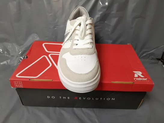 BOXED PAIR OF RIEKER REVOLUTION TRAINERS IN WHITE/PRISMATIC SILVER W. JEWEL EFFECT SIZE 7.5