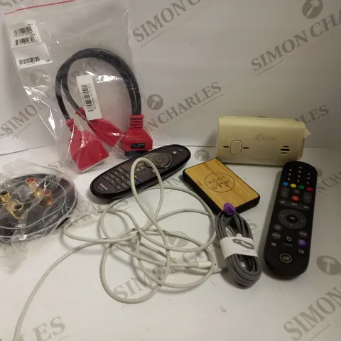 BOX OF APPROX 10 ITEMS TO INCLUDE ASSORTED CABLES, ASSORTED REMOTES AND CARBON MONOXIDE ALARM