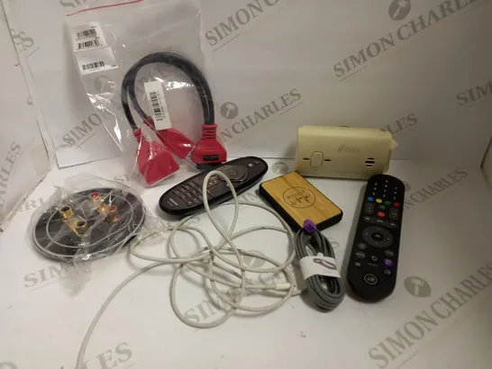 BOX OF APPROX 10 ITEMS TO INCLUDE ASSORTED CABLES, ASSORTED REMOTES AND CARBON MONOXIDE ALARM