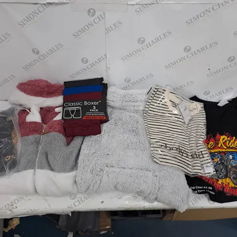 BOX OF ASSORTED CLOTHING ITEMS TO INCLUDE BOXERS, T-SHIRTS, PYJAMAS ETC