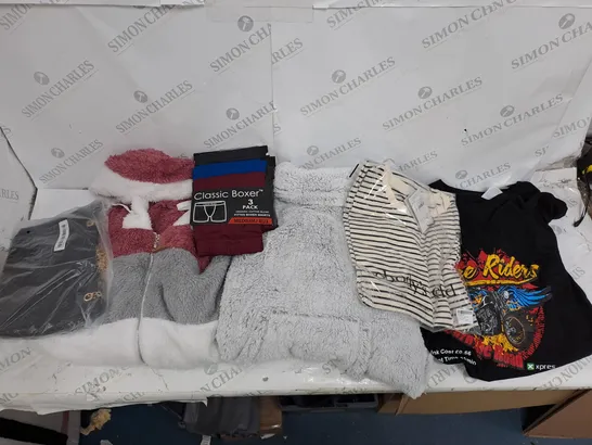 BOX OF ASSORTED CLOTHING ITEMS TO INCLUDE BOXERS, T-SHIRTS, PYJAMAS ETC