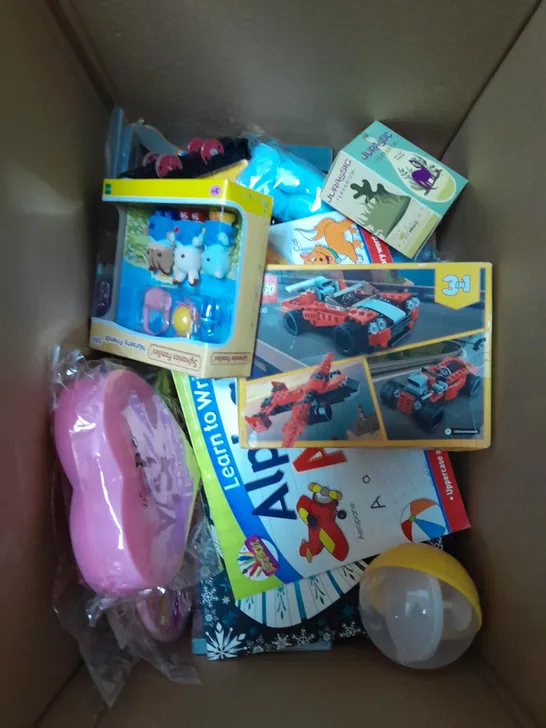 BOX OF APPROXIMATELY 15 ASSORTED ITEMS TO INCLUDE - LEGO SET, NURSERY FRIENDS, ALPHABET LEARNING BOOK ETC