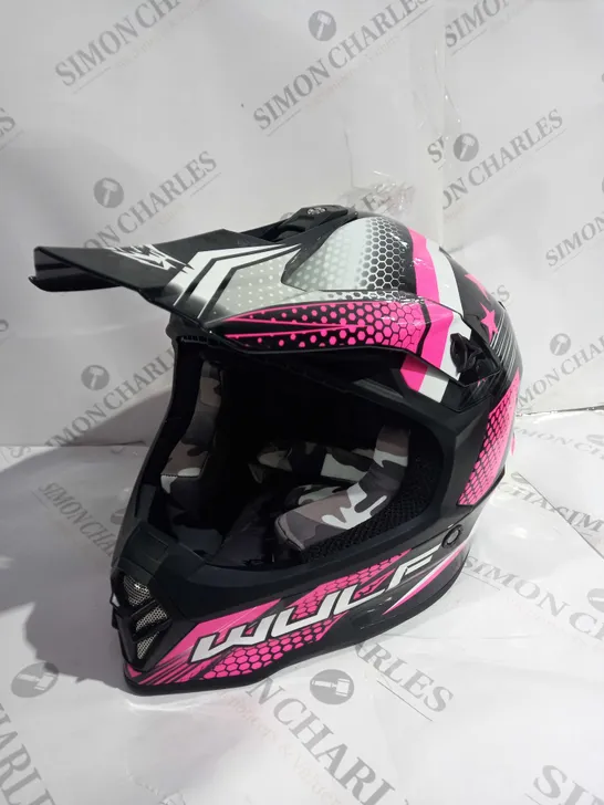 BOXED PINK WULFSPORT ICONIC CUB RACING HELMET IN PINK (SIZE YM)