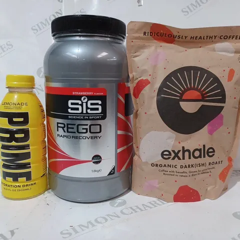 APPROXIMATELY 5 ASSORTED FOOD & DRINK ITEMS TO INCLUDE EXHALE COFFEE, SIS REGO PROTEIN CARBOHYDRATE RECOVERY DRINK, PRIME LEMONADE FLAVOUR DRINK (500ML), ETC