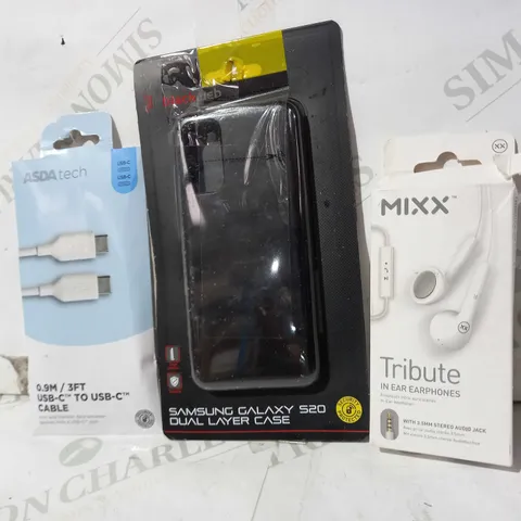 BOX OF APPROXIMATELY 15 ASSORTED ELECTRICAL ITEMS TO INCLUDE MIXX TRIBUTE IN EAR EARPHONES, BLACKWEB SAMSUNG GALAXY DUAL LAYER CASE, ASDA TECH USB-C TO USB-C CABLE, ETC