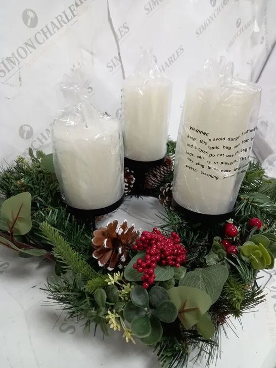 HOME REFLECTIONS 3 IN 1 FLAMELESS CANDLE WITH WREATH SET RED BERRY