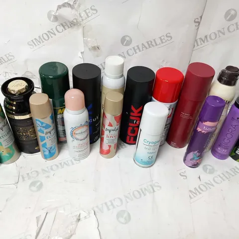 APPROXIMATELY 29 ASSORTED AEROSOL SPRAYS TO INCLUDE; MANE, IMPULSE, FEMFRESH, FCUK, LEOVET, THE RESET AND RIGHT GUARD