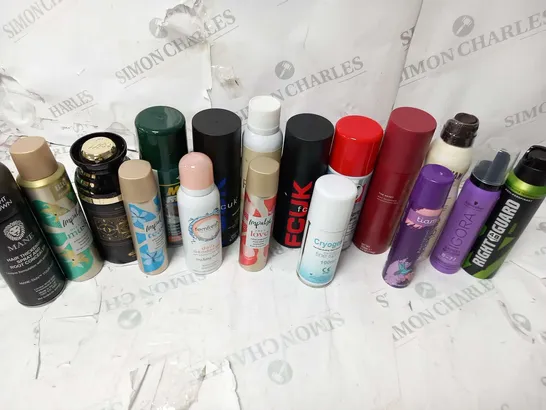 APPROXIMATELY 29 ASSORTED AEROSOL SPRAYS TO INCLUDE; MANE, IMPULSE, FEMFRESH, FCUK, LEOVET, THE RESET AND RIGHT GUARD