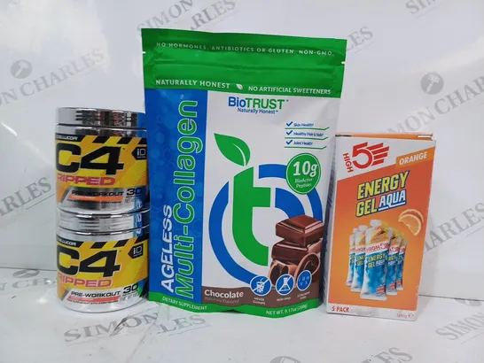 APPROXIMATELY 5 ASSORTED FOOD & DRINK ITEMS TO INCLUDE HIGH 5 ENERGY GEL AQUA IN ORANGE FLAVOUR, BIOTRUST AGELESS MULTI-COLLAGEN IN CHOCOLATE FLAVOUR, C4 RIPPED PRE-WORKOUT IN TROPICAL PUNCH FLAVOUR, 