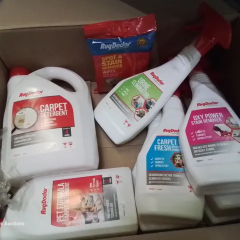 BOX OF RUG DOCTOR SPRAY TREATMENTS & WASHER DETERGENT 