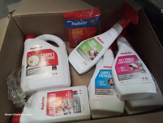 BOX OF RUG DOCTOR SPRAY TREATMENTS & WASHER DETERGENT 