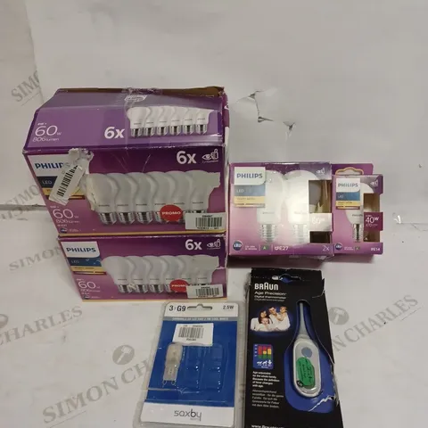 LOT OF 6 ASSORTED PRODUCTS TO INCLUDE PHILIPS LED BULBS AND BRAUN DIGITAL THERMOMETER