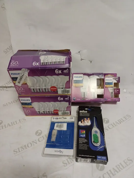 LOT OF 6 ASSORTED PRODUCTS TO INCLUDE PHILIPS LED BULBS AND BRAUN DIGITAL THERMOMETER