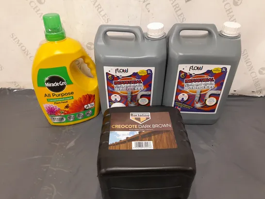 4 ASSORTED PRODUCTS TO INCLUDE FLOW INDUSTRIAL SINK AND DRAIN UNBLOCKER 5-LITRE, MIRACLE-GRO ALL PURPOSE CONCENTRATED LIQUID PLANT FOOD, BARTOLINE CREOCOTE DARK BROWN OIL-BASED TIMBER TREATMENT