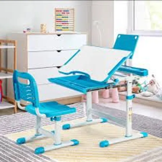 BOXED COSTWAY HEIGHT ADJUSTABLE KIDS STUDY TABLE AND CHAIR SET WITH BOOKSTAND - BLUE