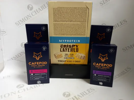 BOX OF APPROX 10 ITEMS TO INCLUDE CAFEPODS IN ASSORTED FLAVOURS, MYPROTEIN PROTEIN BARS AND NESPRESSO COFFEE PODS