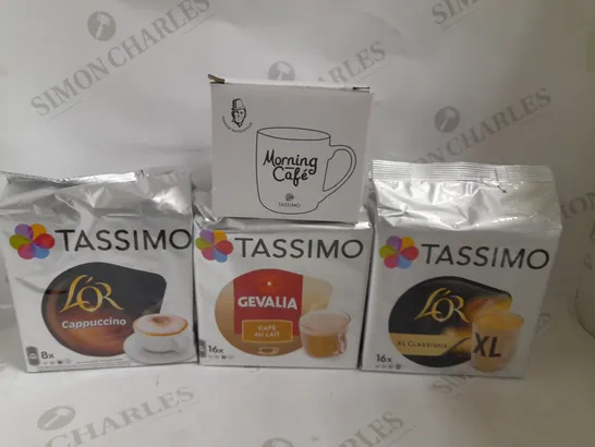 BOX OF APPROX 6 ITEMS TO INCLUDE TASSIMO COFFEE PODS IN ASSORTED FLAVOURS AND TASSIMO MORNING COFFEE CUP