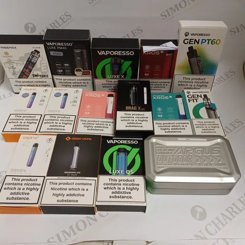 BOX OF APPROXIMATELY 25 E-CIGARETTE PRODUCTS TO INCLUDE VAPORESSO LUXE PM40, GEEKVAPE 1FC, ASPIRE FLEXUS ETC