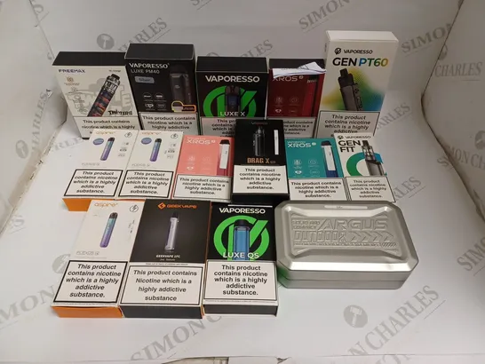 BOX OF APPROXIMATELY 25 E-CIGARETTE PRODUCTS TO INCLUDE VAPORESSO LUXE PM40, GEEKVAPE 1FC, ASPIRE FLEXUS ETC