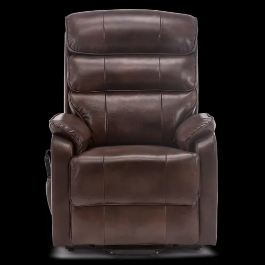 BOXED DESIGNER BUCKINGHAM BROWN LEATHER POWER RISE & RECLINING EASY CHAIR (2 BOXES)