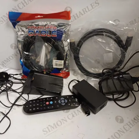 BOX OF APPROX 10 ITEMS TO INCLUDE ASSORTED POWER PACKS, CABLES AND SKY Q REMOTE