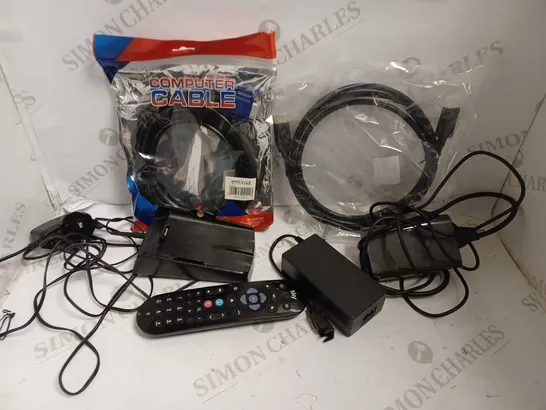 BOX OF APPROX 10 ITEMS TO INCLUDE ASSORTED POWER PACKS, CABLES AND SKY Q REMOTE