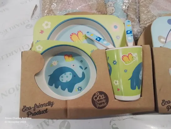 12 SETS OF CHILDREN'S ECO FRIENDLY PLATE, BOWL, CUP AND CUTLERY SETS.