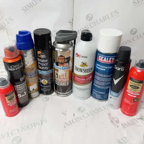 APPROXIMATELY 18 ASSORTED AEROSOL SPRAYS TO INCLUDE; L'OREAL, EBIN, CARPET FRESH, ABSORBINE, SEALEY AND SURE