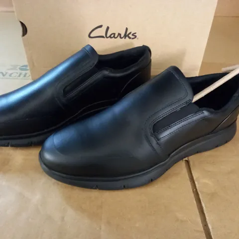 PAIR OF CLARKS LT SLIP BLACK LEATHER SHOES - UK 10