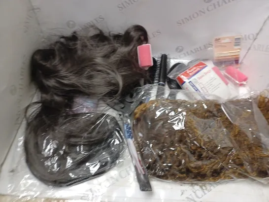 BOX OF ASSORTED COSMETIC ITEMS TOO INCLUDE WIGS , HAIR BRUSHES AND TRAVEL BAGS 