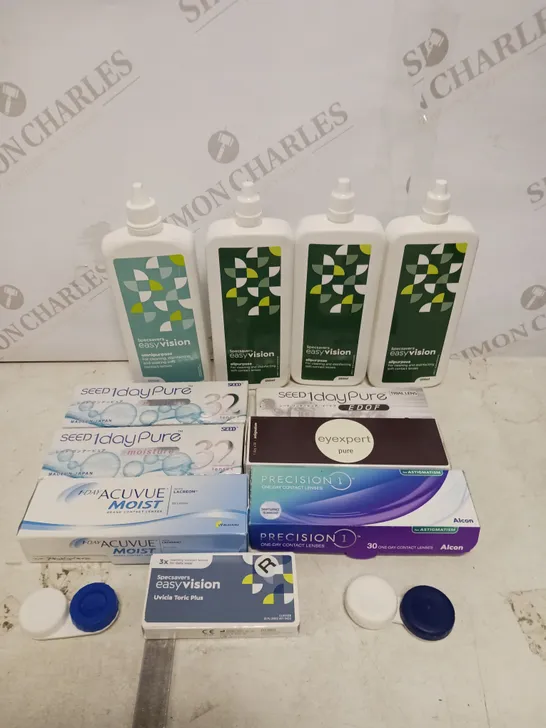 APPROXIMATELY 30 ASSORTED CONTACT LENS PRODUCTS & ACCESSORIES TO INCLUDE SOLUTION, CONTAINERS, LENSES ETC 