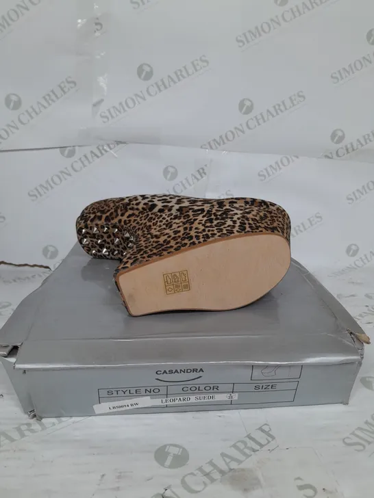 BOXED PAIR OF CASANDRA PLATFORM ANKLE SHOE IN LEOPARD SUEDE WITH SILVER STUD DETAIL SIZE 6