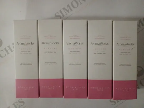 LOT OF 5 X 100ML AROMAWORKS NURTURE ROOM AND LINEN MIST