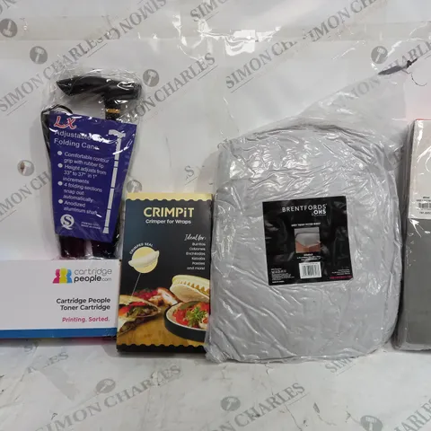 BOX OF APPROXIMATELY 15 ASSORTED ITEMS TO INCLUDE - CRIMPIT CRIMPER FOR WRAPS - DOZE EASY CARE FITTED SHEET - LX FOLDING CANE ECT