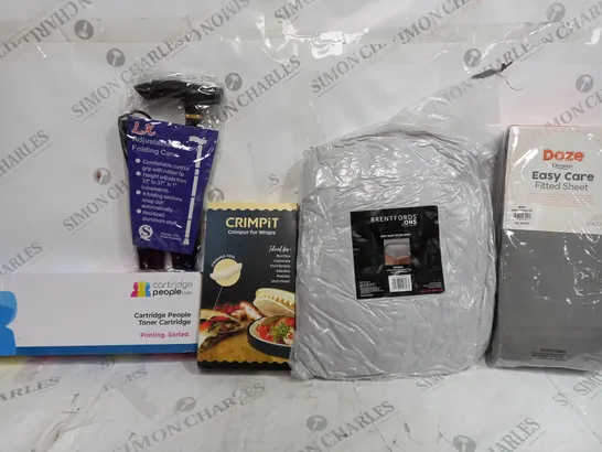 BOX OF APPROXIMATELY 15 ASSORTED ITEMS TO INCLUDE - CRIMPIT CRIMPER FOR WRAPS - DOZE EASY CARE FITTED SHEET - LX FOLDING CANE ECT