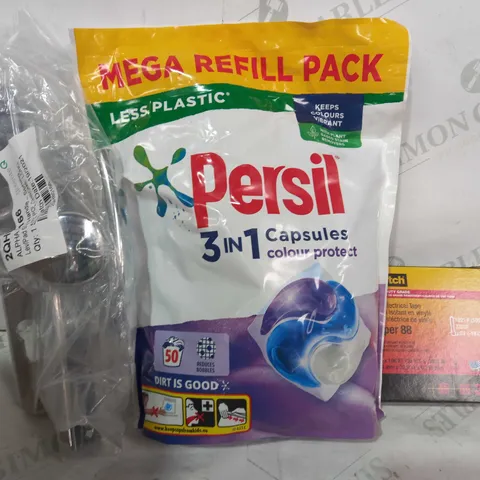 BOX OF APPROXIMATELY 8 ASSORTED HOUSEHOLD ITEMS TO INCLUDE SCOTCH SUPER 88 VINYL ELECTRICAL TAPE, PERSIL 3-IN-1 CAPSULES REFILL PACK, CHROME SPRUNG ALPHA DOOR HANDLE, ETC