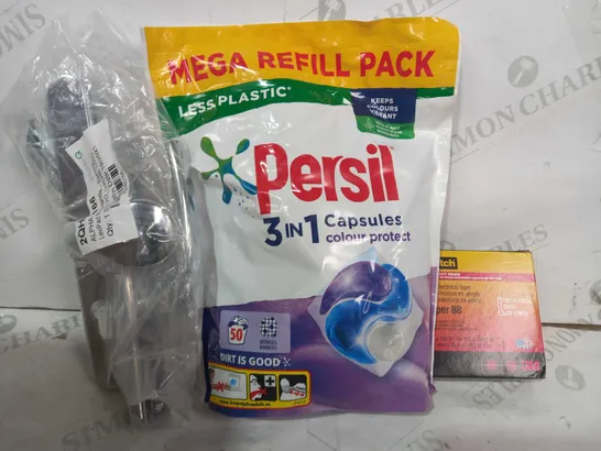 BOX OF APPROXIMATELY 8 ASSORTED HOUSEHOLD ITEMS TO INCLUDE SCOTCH SUPER 88 VINYL ELECTRICAL TAPE, PERSIL 3-IN-1 CAPSULES REFILL PACK, CHROME SPRUNG ALPHA DOOR HANDLE, ETC