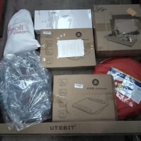 PALLET OF ASSORTED ITEMS INCLUDING UTEBIT T STAND WHITE BACKDROP, MUMUCC LAPTOP DESK, MESH TUNNEL, VIFLYKOO VI YL PLAYER DOLL REBORN