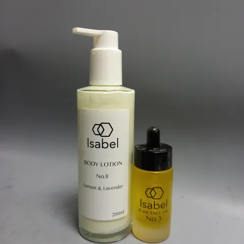 2 BOXED ISABEL BEAUTY PRODUCTS TO INCLUDE BODY LOTION NO.8 200ML ROSE FACIAL OIL NO.3