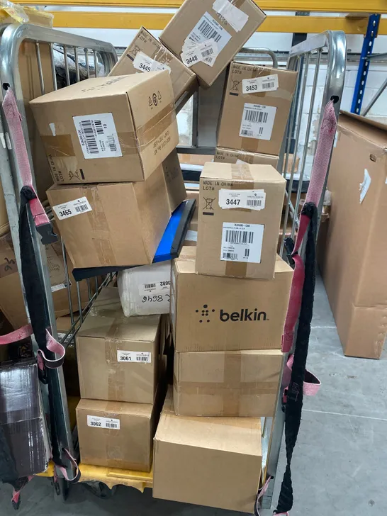 CAGE OF ASSORTED ITEMS TO INCLUDE MULTIPLE BOXES OF BELKIN SNAP SHIELDS AND MALLOWS HAND RUB